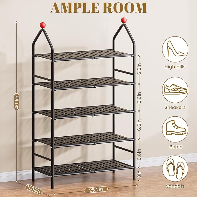 Shoe Rack, 5-Tier Shoe Organizer, Metal Storage Shelf, Shoe Rack for Closet, Free Standing Shoe Racks for Entryway, Garage & Doorway, Sturdy Shoe Shelves, Black-NeatNest