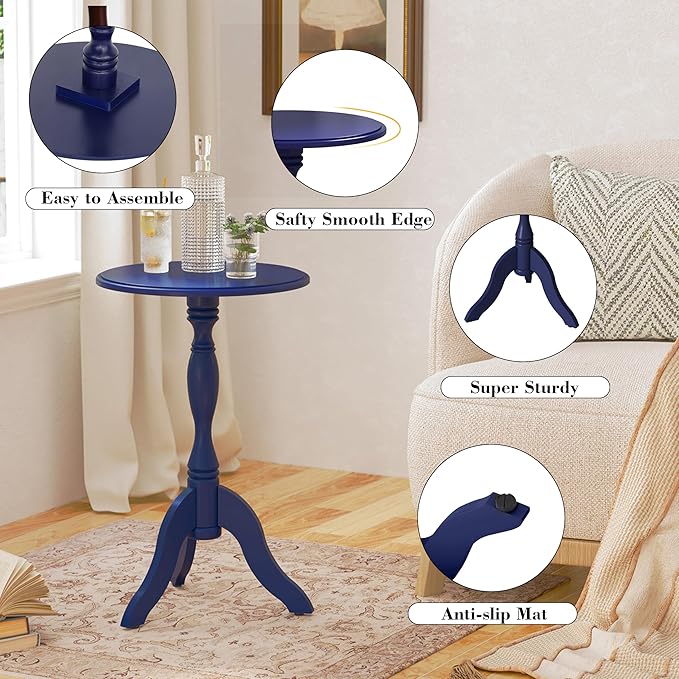 HLR Round Small End Table, Wooden Pedestal Side Coffee Tables, Vintage Accent Nightstand for Living Room, Bedroom, Entryway, Dark Blue
