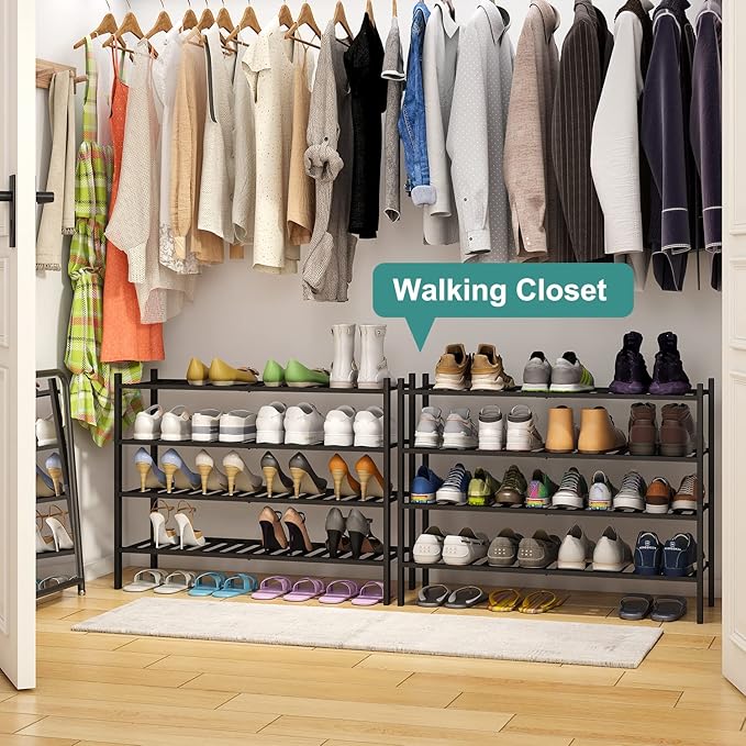 Black 4-Tier Long Shoe Rack, Bamboo Wood, 33-Inch-NeatNest