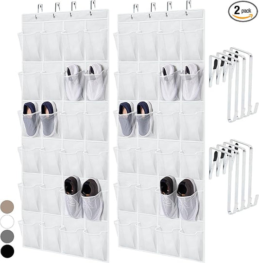 HOME GENIE Over the Door Hanging Shoe Organizer, 2 Pack, 24 Breathable Mesh Pockets, Closet Rack Storage Holder Stay in Place Hooks Hang on Closets, Hanger Holds Up to 40 lbs, Shoes, Accessories White-NeatNest