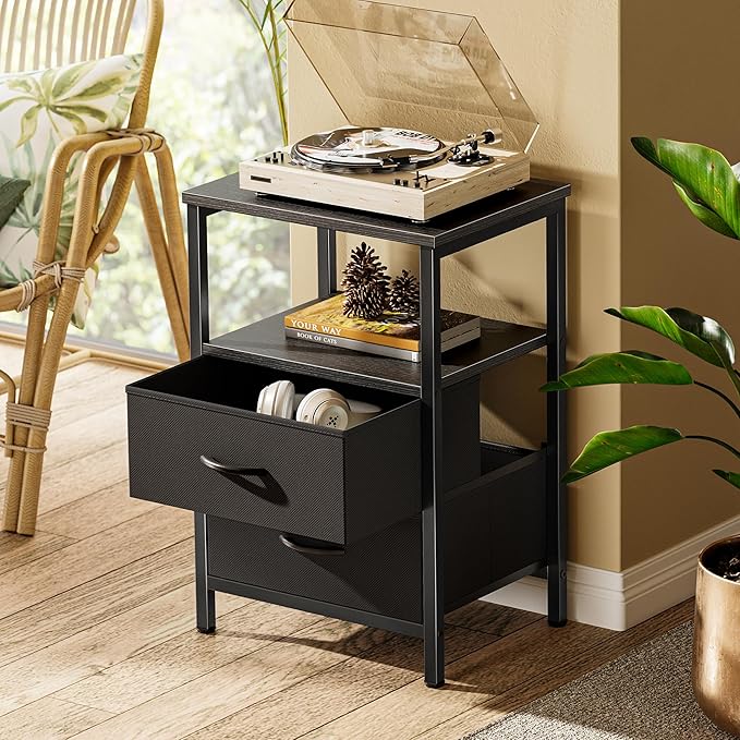 Huuger Night Stand with 2 Drawers, Bed Side Table with Open Shelf, Wooden Top, Nightstand for Bedroom, End Table for Small Space, Fabric Drawer, Black