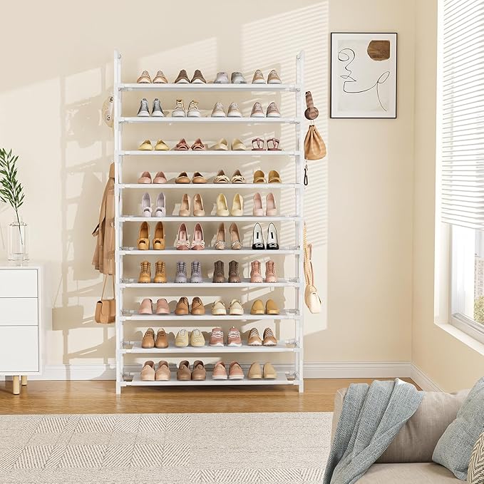 Tall Shoe Rack 10 Tier Shoe Organizer Large Shoe Shelf with 18 Hooks Storage for 50 Pair Sneaker and Boot, Stackable Vertical Shoe Rack Organizer for Closet, Entryway, Bedroom, White-NeatNest