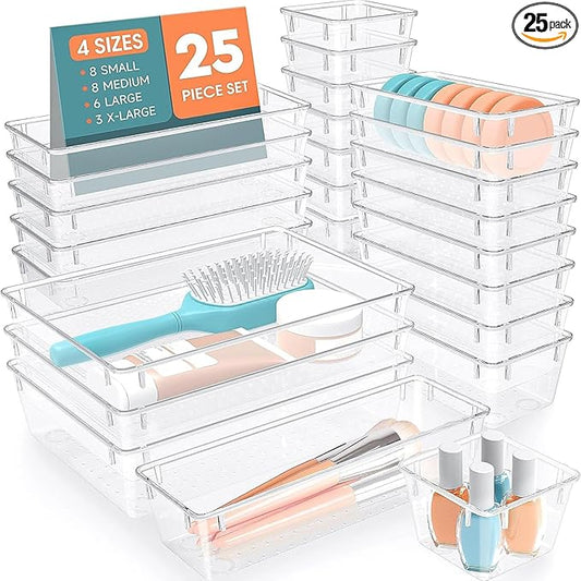 25 PCS Plastic Drawer Organizer Set, 4-Size Versatile Organizer Trays & storage Bins for Makeup, Jewelry, and Gadgets in Bathroom, Bedroom and Office,Clear White-NeatNest