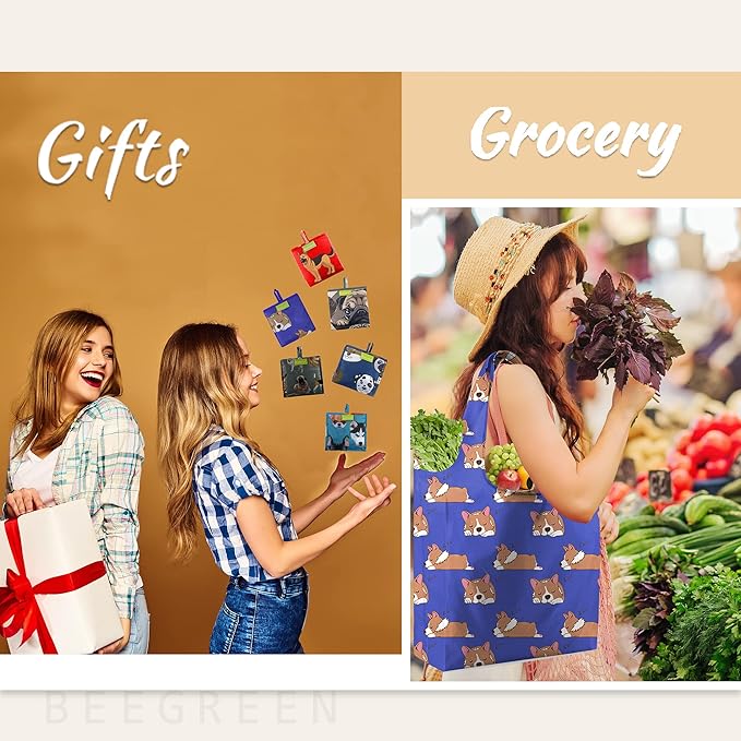 BeeGreen Cute Dog Cloth Gift Bags - Reusable Grocery Bag with Handles Foldable Washable 6 Pack - Extra Large Heavy Duty Tote Bag for Groceries (Bulk Holiday Packable Travel) - Shopping Bags for Women-NeatNest