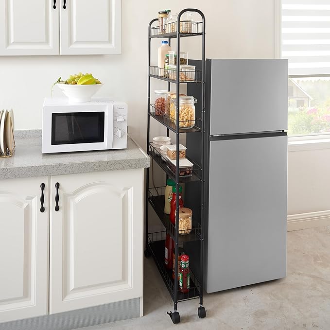 6-Tier Storage Cart Wire Slim Shelving Shelf with Wheels for Small Spaces, Rolling Tall Organizer Storage for Bathroom, Kitchen, Home, Garage, Bedroom, Closet (Black, 10“D)