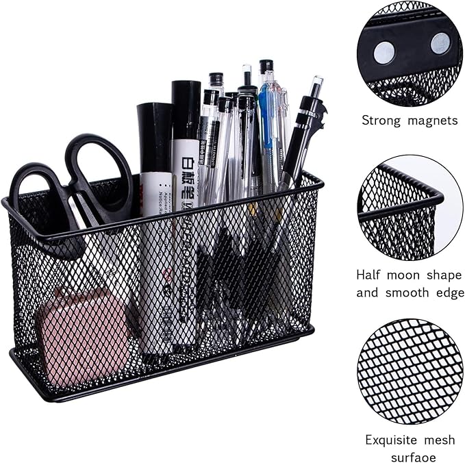 dedoot Magnetic Basket for refrigerator Storage Pencil Holder Basket Mesh Black Strong Magnetic Pen Holder for Refrigerator ,Whiteboard, Locker, Home and Office Organizer, 6.3x2.3x3.6inch,2 Pack-NeatNest