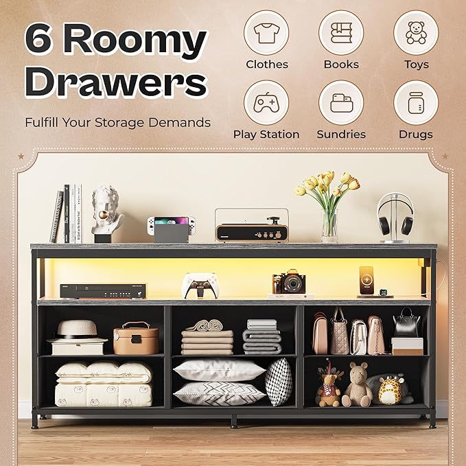 Huuger LED TV Stand for Bedroom, 55 Inch Fabric Dresser with Power Outlets, Entertainment Center for 60, 55, 50 Inch TV, 6 Drawer Dresser for Bedroom, Chest of Drawers with Shlef, PU Leather, Grey-NeatNest