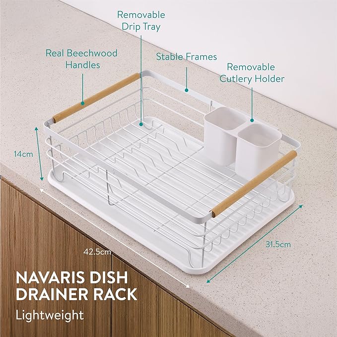 Navaris Dish Drainer Rack - Plate, Silverware, Pots and Pans - Dish Rack with Beechwood Handles - Metal Dish Drying Rack for Kitchen Counter - Modern Retro Design Dish Rack - White