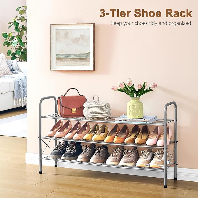 Hoctieon 3 Tier Mesh Style Shoe Rack, Entryway Shoe Shelf, Shoe Storage Organizer, Shoe Rack for Closet, Space Save for Bathroom, Garage, Hallway, Bedroom, Living Room, Grey-NeatNest