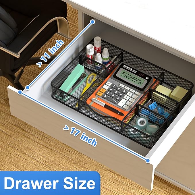 Desk Drawer Organizer, Metal Mesh Drawer Organizer Tray with 6 Adjustable Compartment, Tray Organizer for Desktop, Kitchen, Bathroom, Makeup, Vanity - 14.5x8.8x1.96 inch, Black, 1PC Large-NeatNest