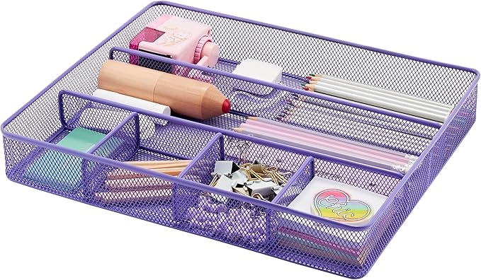 Annova Desk Top Organizer Tray for Office Organization - Metal Mesh - Storage Tray with Dividers for Pens, Desktop Accessories, Bathroom, Kitchen, Makeup and Office Supplies (Large, Purple)-NeatNest