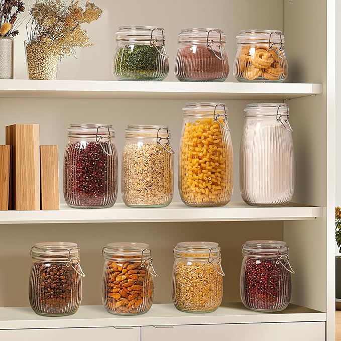 ComSaf Airtight Glass jar with lid 37oz Set of 3, Glass Storage Containers with Lids, Glass Canisters, Striped Clip Fastening Jar for Kitchen Canning, Tea, Pasta, Sugar, Beans, Cookie, Jam, Oat-NeatNest