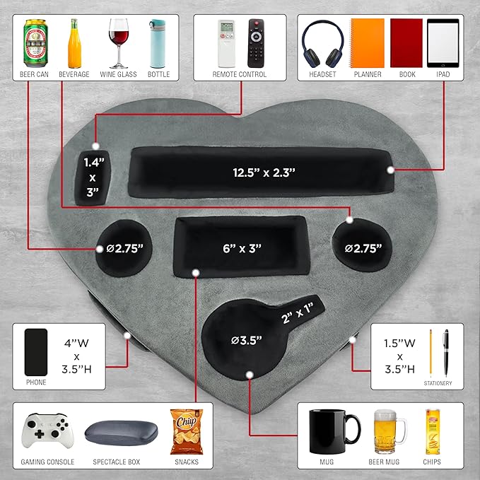 Heart-Shaped 8-in-1 Bed & Couch Cup Holder, Sofa Organizer Caddy Holds Phone, Tablet/iPad, TV Remote, Gaming Console, Mug - Drinks Cupholder Tray - Buddy Pillow Gift for Women & Couples, Gray-NeatNest
