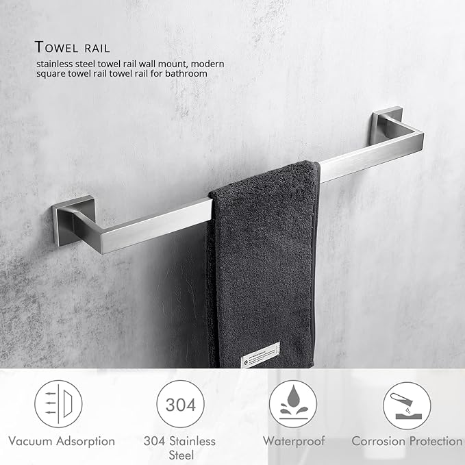 BANOLUX Towel Rack, 22 Inch Single Towel Bars for Bathroom, Towel Racks for Bathroom Wall Mounted SUS304 Hand Towel Holder Organize Heavy Duty, Brushed Nickel Towel Bar (Total Length 23.6-Inch)