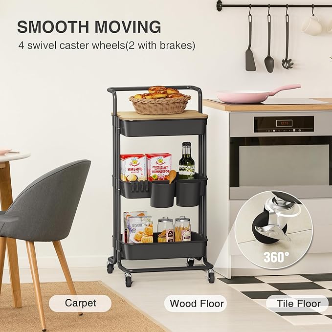 DTK 3 Tier Rolling Cart Uility Cart with Cover Board, Mobile Storage Cart with Wheels, Cups, Hooks for Office Utility Kitchen Bathroom Homeschool Art Craft Postpartum Teacher Cart Organizer(Black)-NeatNest