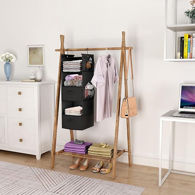 MAX Houser 5 Tier Shelf Hanging Closet Organizer, Cloth Hanging Shelf with 2 Sturdy Hooks for Storage, Foldable (Black-D2)-NeatNest