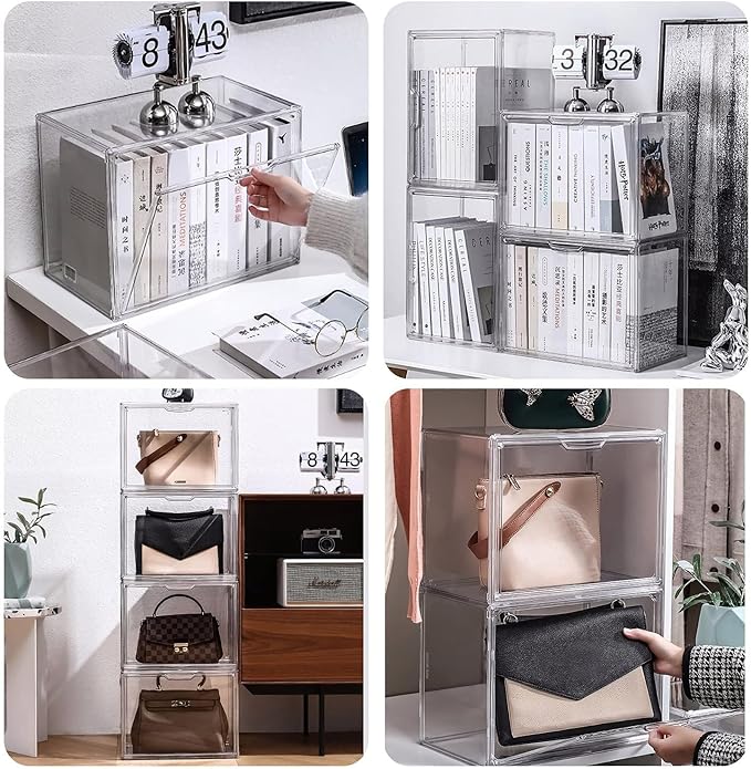 Clear Stackable Plastic Storage Bins with Magnetic Lid, Dustproof Book & Cosmetic Display Cases, Large Figures Collectibles Showcase, Shoe Box, Protection Organizer (Transparent, L-3 Pack)-NeatNest