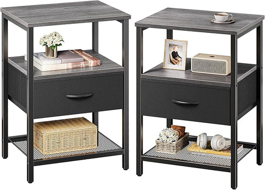 Huuger Nightstand Set of 2, Night Stand with Fabric Drawer, Mesh Shelf, Side Table with Storage, Fabric Drawer Dresser, Open Shelf, Metal Frame, Bedroom, Charcoal Gray