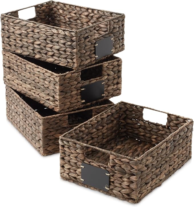 Casafield Set of 4 Water Hyacinth Pantry Baskets, 10" x 13" x 5", with Chalkboard Labels and Chalk Marker - Espresso, Woven Storage Bin Organizers for Kitchen Shelves-NeatNest