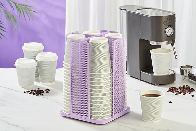 Annova Paper/Plastic Cup and Lid Holder Storage Organizer, 360°Rotating Coffee Cup Dispenser with 4 Compartments, Multifunctional Storage Rack for Home, Office, Bar, Coffee Shop (Light Purple)-NeatNest