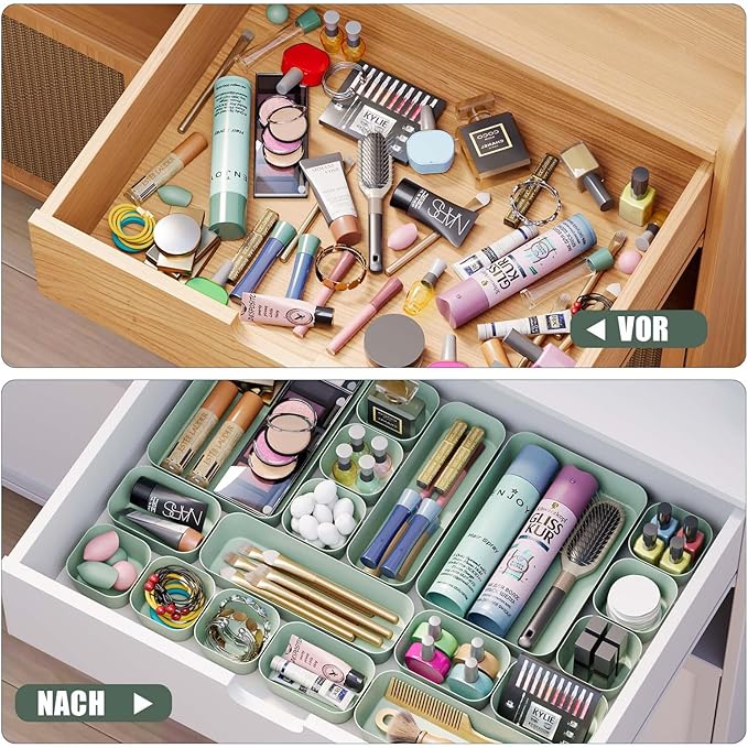 Plastic Drawer Organizers, 18 PCS Drawer Organizer Bins, Bathroom and Vanity Organizer Plastic Tray, Makeup organizer and storage for Makeup, Bedroom, Kitchen Gadgets Utensils and Office (Green)-NeatNest
