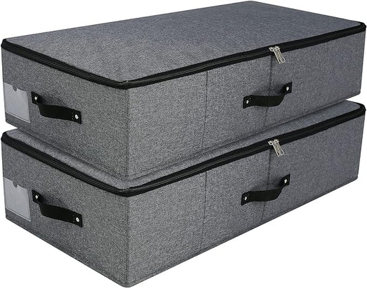 AMJ Foldable Under Bed Storage Basket Container [2 Pack] with Durable Fabric for Clothes, Shoes,Toys, Blanket, Comforter Organizers Bins, Black Grey-NeatNest