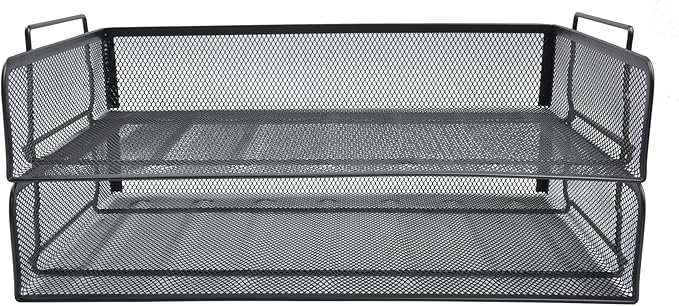 EASEPRES 2 Pack Stackable Desk Paper Tray, Metal Mesh Desktop Document Letter File Organizer for Office Home School, 13.5'' L x 9.75'' W x 5.5'' H, Black