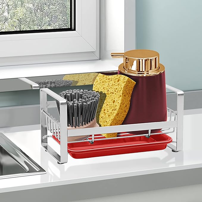 Kitchen Countertop Dish Soap Holder, Sponge Organizer, Basket for Cleaning and Scrub Tool, Kitchen Sink Brush Caddy Holder, Stainless Steel Rust Proof,Red+Silver