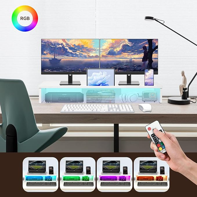 Dual Monitor Stand Riser with LED Lights and Phone Tablet Holder, 35.8in Large Monitor Stand for Desk, Computer Monitor Stand for 2 Monitors, Desktop Shelf Organizer for Laptop, Printer, TV