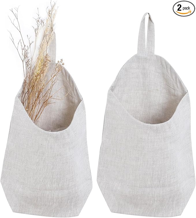 100% Linen Hanging Storage Bags Baskets 2 Pcs, Small Wall Storage Bag for Kitchen, Bedroom, RV Camper Organizer, Sewing Room, Nursery Storage, Kids Room, Linen