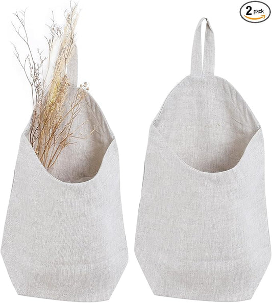 100% Linen Hanging Storage Bags Baskets 2 Pcs, Small Wall Storage Bag for Kitchen, Bedroom, RV Camper Organizer, Sewing Room, Nursery Storage, Kids Room, Linen