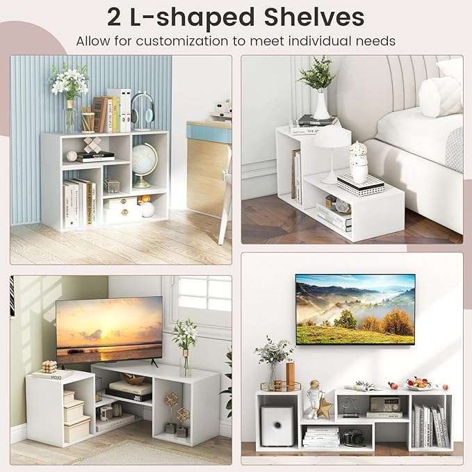 Giantex Bookshelf TV Stand for TVs up to 55", 2 Pieces Free-Combination Entertainment Center with Storage Cubes, Modern Media TV Console Table, Open Storage Bookcase for Living Room, Bedroom (White)-NeatNest