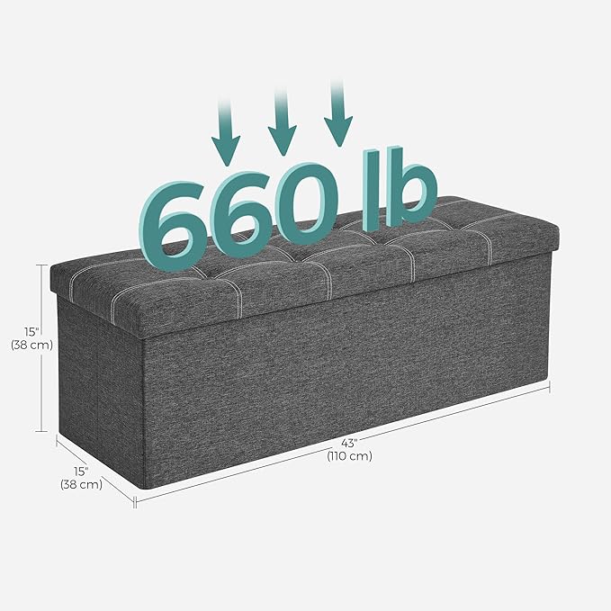 SONGMICS Mazie Collection - 43 Inches Ottoman Storage Bench, 35 Gal. Folding Chest with Breathable Linen-Look Fabric, Load up to 660 lb, for Entryway, Living Room, Bedroom, Dark Gray ULSF077G04-NeatNest