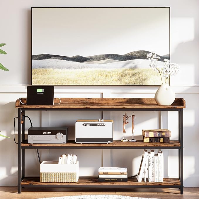 IRONCK Console Table, Sofa Table with Power Outlet, Farmhouse Hallway Table for Entryway, Living Room, Height Adjustable, Easy Assembly, Rustic Brown,55"-NeatNest