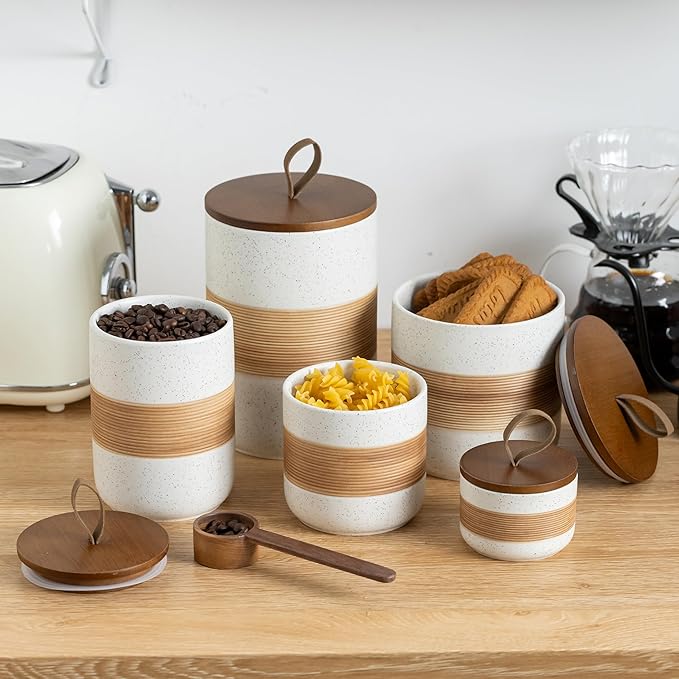 Ceramic Jar with Lid, Coffee Container Kitchen Food Storage Jars for Spice Sugar Tea Bag, Stackable Decorative Jars for Countertop, White & 18oz-NeatNest