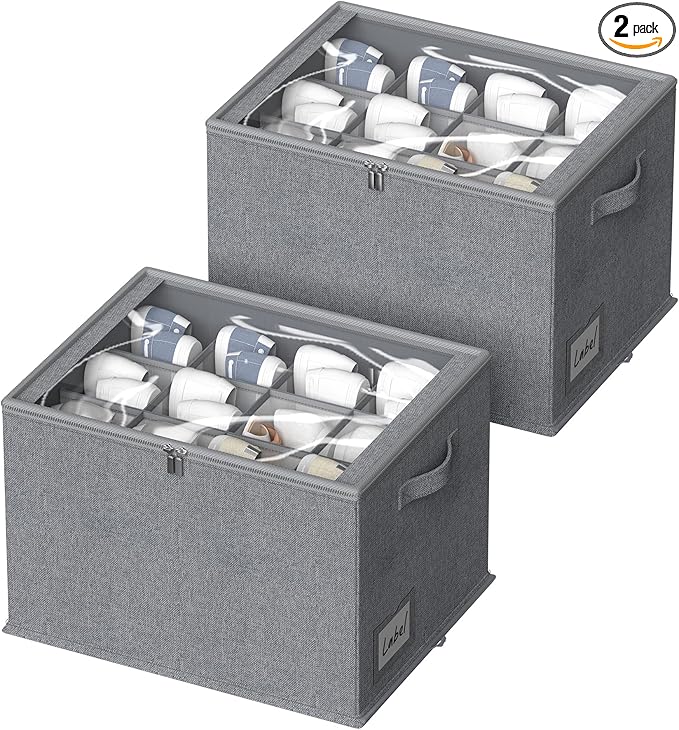 2 Pack Shoe Organizer for Closet - Shoe Storage Bins with Clear Cover, Fabric Shoe Storage Containers with Reinforced Handles, Fits up to 24 Pairs (Grey, 16.5 * 12.6 * 12.2in)-NeatNest