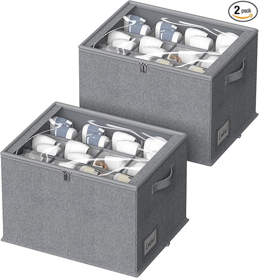 2 Pack Shoe Organizer for Closet - Shoe Storage Bins with Clear Cover, Fabric Shoe Storage Containers with Reinforced Handles, Fits up to 24 Pairs (Grey, 16.5 * 12.6 * 12.2in)-NeatNest