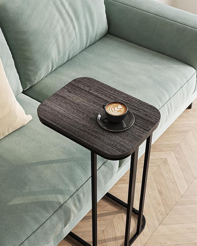 C Shaped End Table, 27 Inches High Small Side Table for Sofa and Bed, Couch Table That Slides Under, Tall Tv Tray Table for Living Room, Bedroom, Metal Frame, Black Oak