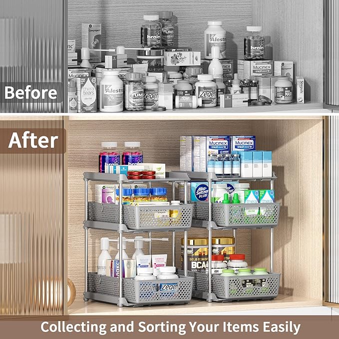 2Pcs 3 Tier Bathroom Organizers, WIDER BOLDER Pull Out Under Sink Organizer with Dividers, Kitchen and Bathroom Storage Cabinet - Gray-NeatNest