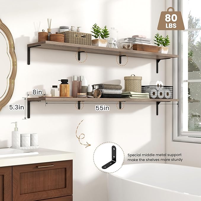 Fun Memories Deep Floating Shelves, 55W x 8D Floating Shelves Set of 2, Wall Mounted Shelf with Metal Brackets, Rustic Wood Wall Shelf for Bathroom, Kitchen and Living Room, Grey-NeatNest