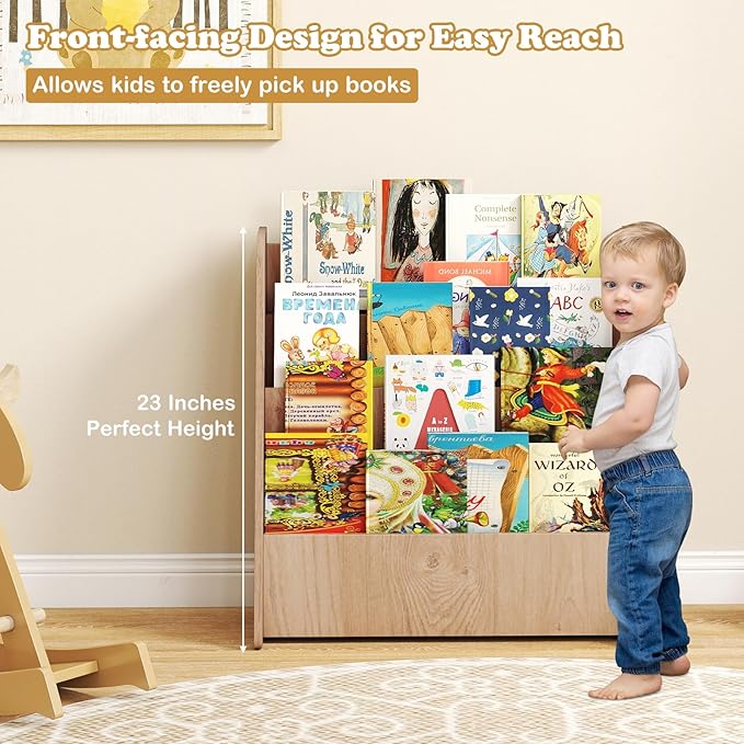 GLACER 4-Tier Kids Bookshelf, Wood Toddler Bookcase with Deep Magazine Display Shelf & Back Storage Space, Children Storage Organizer for Nursery, Playroom, Kids Bedroom, Classroom (Natural)