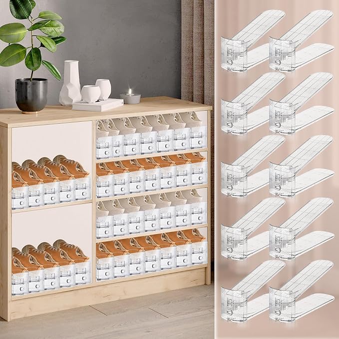 10 PACK Transparent Shoe Stacker,Shoe Slots Organizer for Closet, Shoe Display Space Saver,Adjustable Shoe Rack Organizer Holder for High Heels,Sneakers(Transparent)-NeatNest