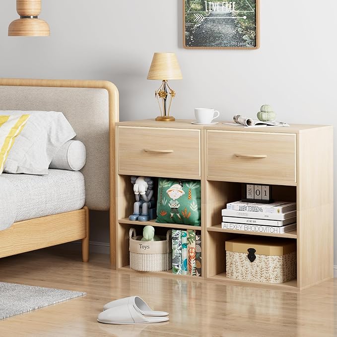 Garden 4 you Cube Storage Organizer Shelf, 3 Tiers Stackable Bookshelf with Drawer, Wooden Display Bookcase with 3 Cube Storage, Small Storage Cabinet for Living Room Bedroom, Natural-NeatNest