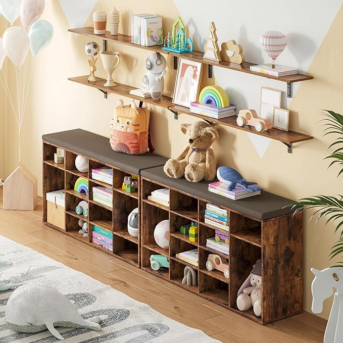 DINZI LVJ Shoe Storage Bench with Cushion, 14-Cubby Shoe Rack, Adjustable Shelves, Multifunctional Shoe Organizer Bench for Entryway, Mudroom, Hallway, Living Room, Bedroom and Garage, Rustic Brown-NeatNest