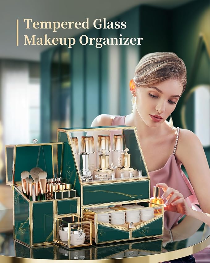 Glass Makeup Organizer for Vanity and Bathroom Countertop – Large Cosmetic Display Case and Skincare Storage Solution