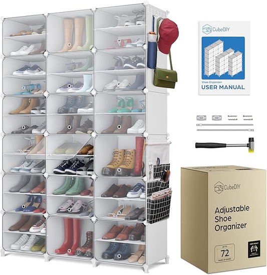 Shoe Organizer Cabinet Up to 72 Pairs, Shoe Closet-Covered Shoe Rack with See-Through Door (Clear, Plastic, Stackable) Cubby Portable Shoe Organizer with Covers, Hooks & Pockets, White-NeatNest