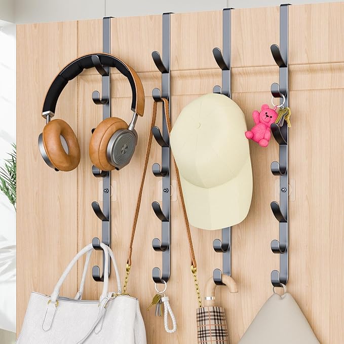 Over The Door Hooks, Metal Door Hooks for Hanging,Door Purse Organizer for Door Coat Hanger, Back of Shower for Hanging Towel Rack Clothes, Hat, Bathroom Bathroom Dorm Bedroom Closet (Black-4Packs)