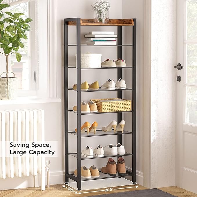 HOOBRO 8-Tier Shoe Rack, 20.5" L Shoe Storage Organizer, Narrow Shoe Shelf, Saving Space, Stable and Sturdy, Hold 14-16 Pairs of Shoes, for Entryway, Hallway, Living Room, Rustic Brown BF48XJ01-NeatNest