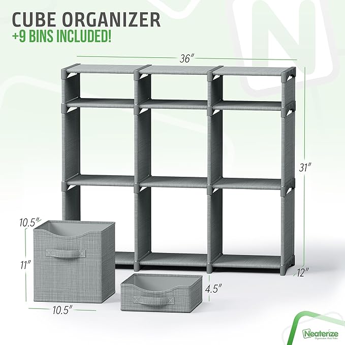 9 Cube Closet Organizers, Includes All Storage Cube Bins, Easy To Assemble Storage Unit With Drawers | Room Organizer For Clothes, Baby Closet Bedroom, Playroom, Dorm (Light Grey)