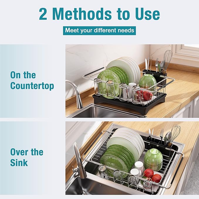 MAJALiS Sink Dish Drying Rack - Use for Countertops & in-Sinks & Over-Sink, Stainless Steel Dish Drainers for Kitchen Counter, Inside Sink Dish Dryer Racks, 10.4''W x 15.5''~23.5''L, Silver